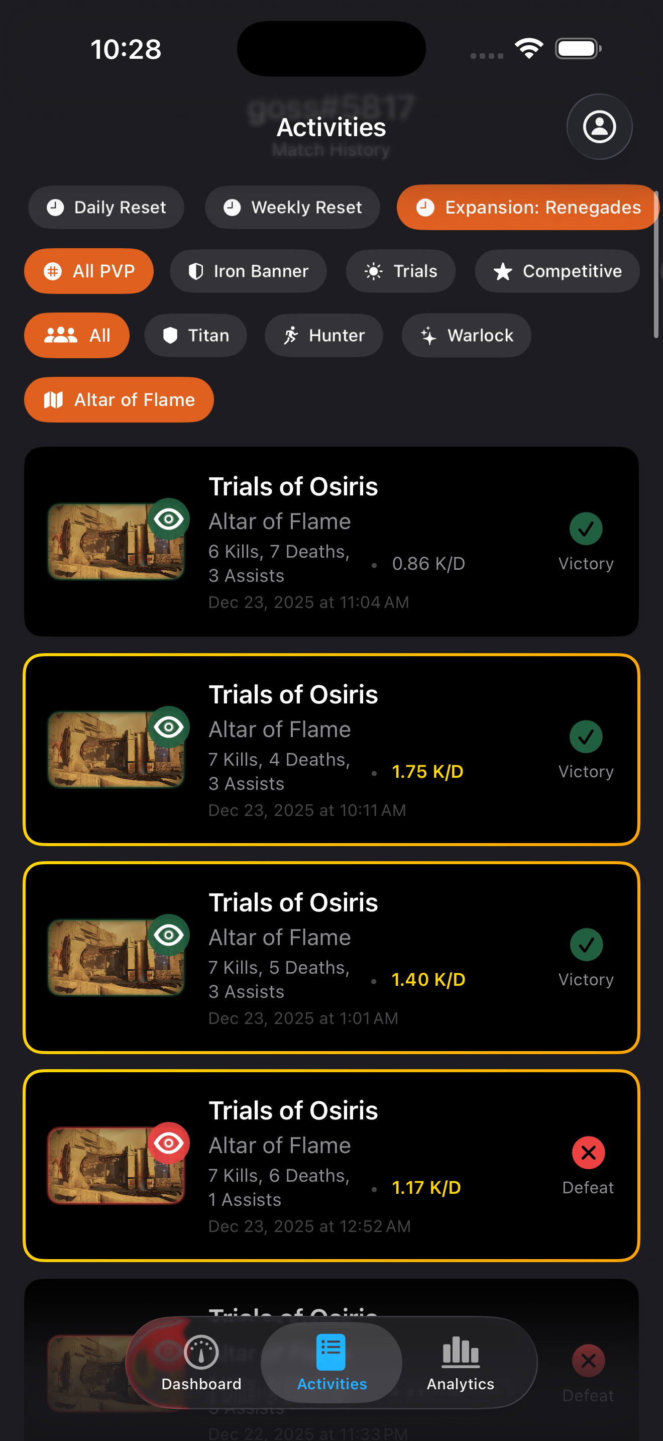 Match history with detailed stats